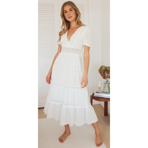 Lulus Dresses & Skirts - Lulus Folklore Cottage White Swiss Dot Lace Tiered Midi Dress Size Medium